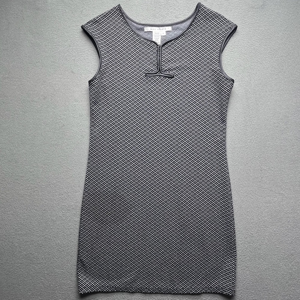 Max Studio Women Sheath‎ Dress Geometric Knit Faux Leather Trim Medium Modern